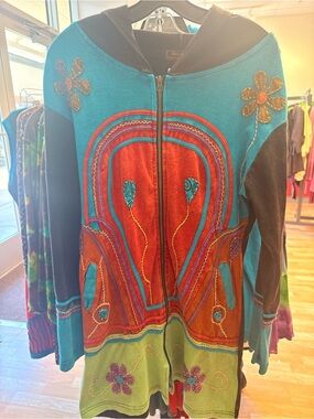 Colorful Floral Zip Hoodie - Teal, Orange, Green